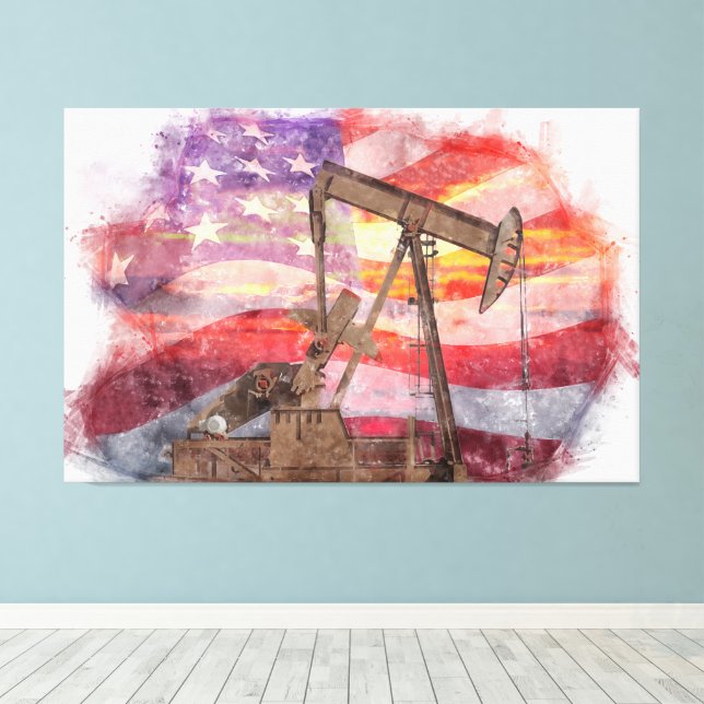 Pumpjack silhouette pastel teckning American Flagg Canvastryck (Insitu (trägolv))