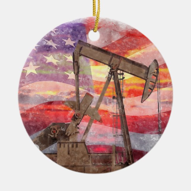 Pumpjack silhouette pastel teckning American Flagg Julgransprydnad Keramik (Framsidan)