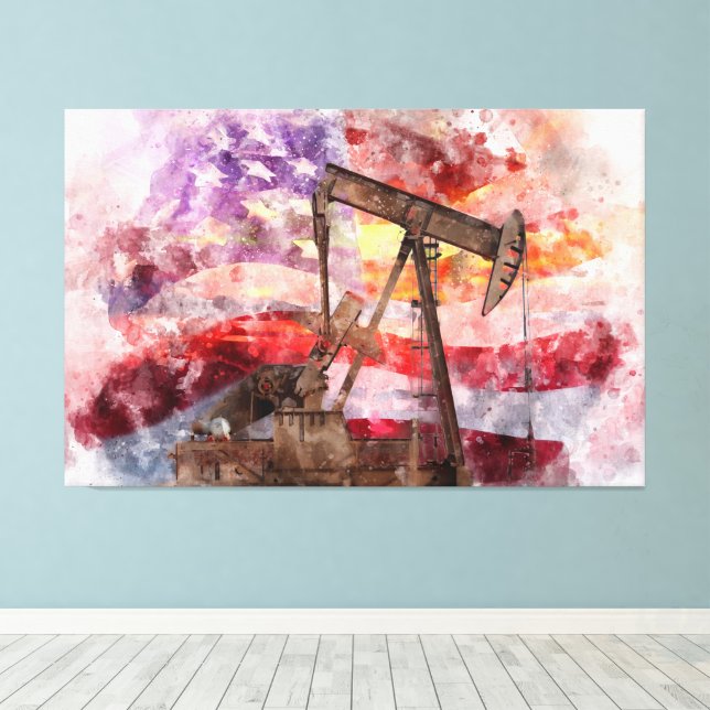 Pumpjack silhouette-vattenfärg med amerikansk Flag Canvastryck (Insitu (trägolv))