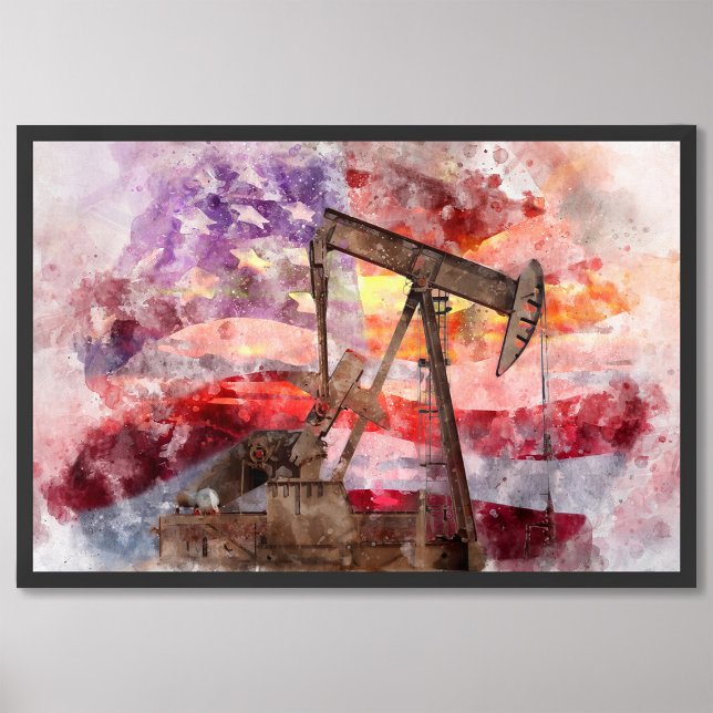 Pumpjack silhouette-vattenfärg med amerikansk Flag Fototryck (Skapare uppladdad)