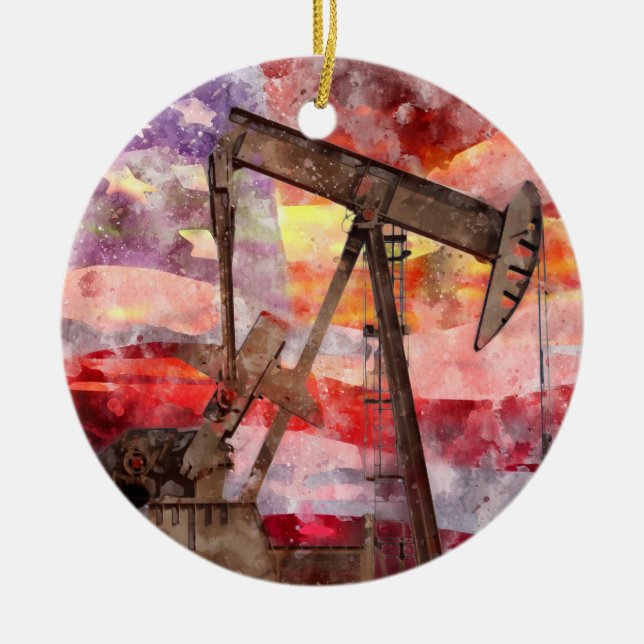 Pumpjack silhouette-vattenfärg med amerikansk Flag Julgransprydnad Keramik (Framsidan)