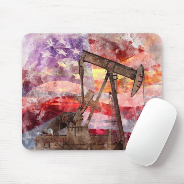 Pumpjack silhouette-vattenfärg med amerikansk Flag Musmatta (Med mus)