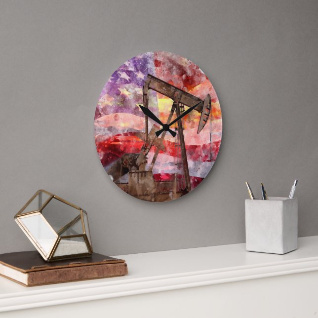 Pumpjack silhouette-vattenfärg med amerikansk Flag Stor Klocka (Kontor)