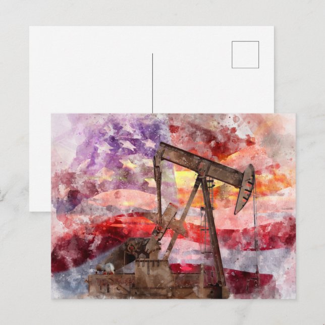Pumpjack silhouette-vattenfärg med amerikansk Flag Vykort (Fram/baksida)