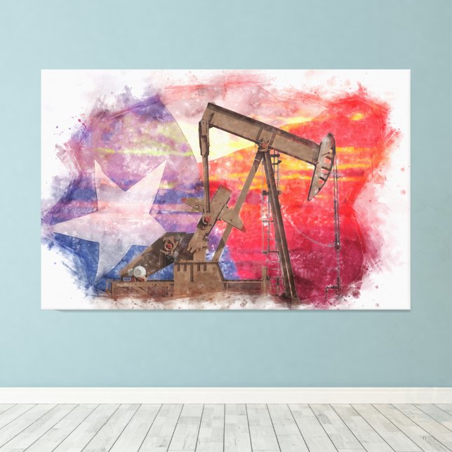 Pumpjack Texan icon pastel teckning med Texas Flag Canvastryck (Insitu (trägolv))