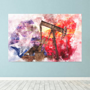 Pumpjack Texan-ikonens vattenfärg med Texas Flagga Canvastryck