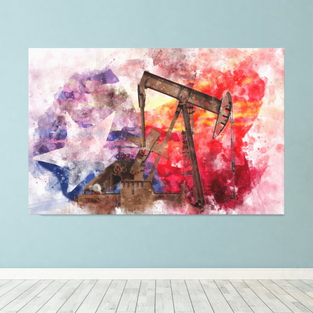 Pumpjack Texan-ikonens vattenfärg med Texas Flagga Canvastryck (Insitu (trägolv))