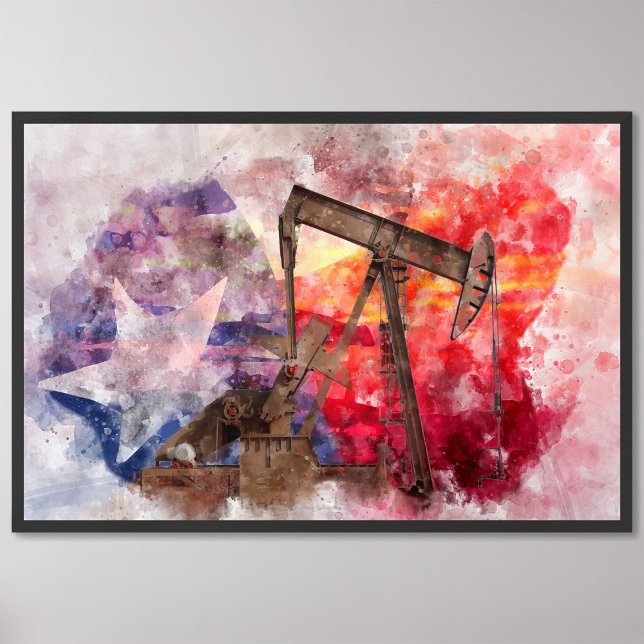 Pumpjack Texan-ikonens vattenfärg med Texas Flagga Fototryck (Skapare uppladdad)