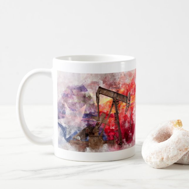 Pumpjack Texan-ikonens vattenfärg med Texas Flagga Kaffemugg (Med munk)