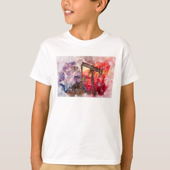 Pumpjack Texan-ikonens vattenfärg med Texas Flagga T Shirt (Framsida)