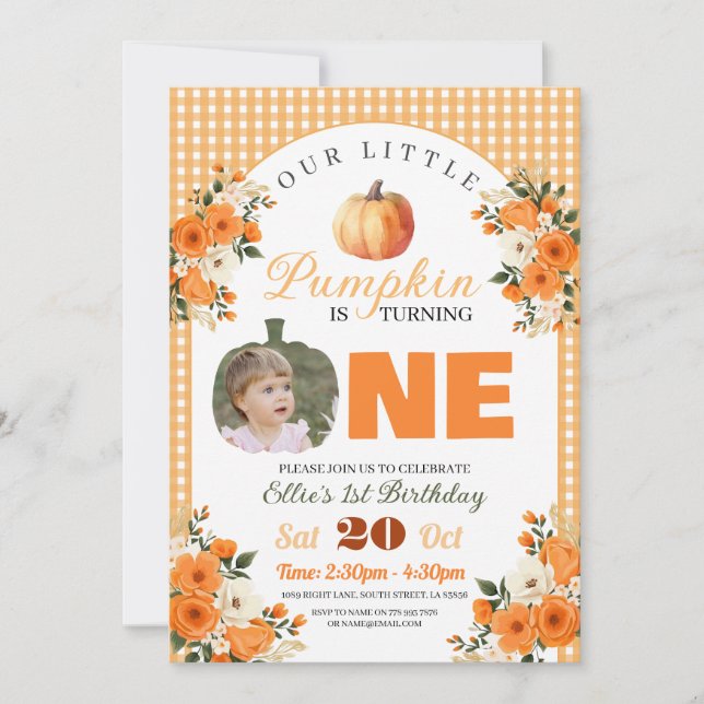 Pumpkin 1:a födelsedagen Little Pumpkin Autumn Fal Inbjudningar (Framsida)