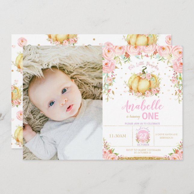Pumpkin 1:a födelsedagen Little Pumpkin Party Phot Inbjudningar (Fram/baksida)