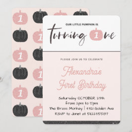 Pumpkin 1:a födelsedagsinbjudan Flickans Rosa Blac Inbjudningar