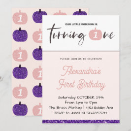 Pumpkin 1:a födelsedagsinbjudan Flickors Rosa Lila Inbjudningar