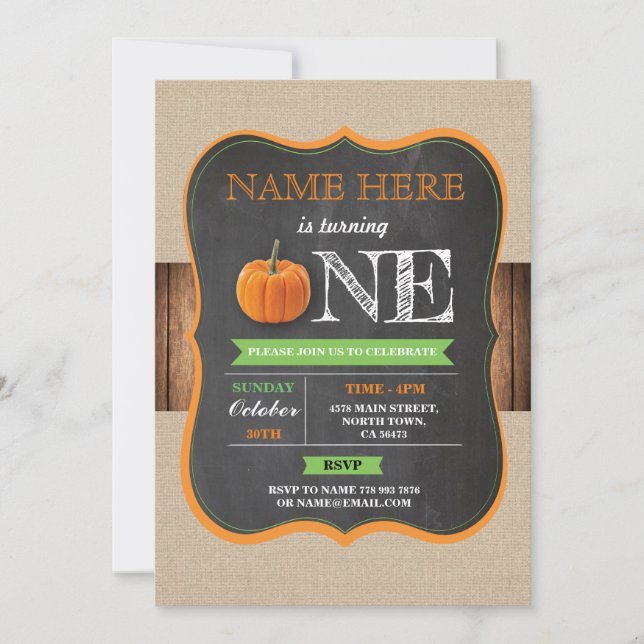 Pumpkin 1 första Födelsedagsfesten Chalk Inbjudan (Framsida)