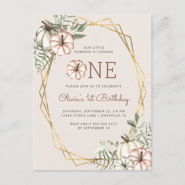 Pumpkin 1st Birthday Party Beige Vykort (Framsida)