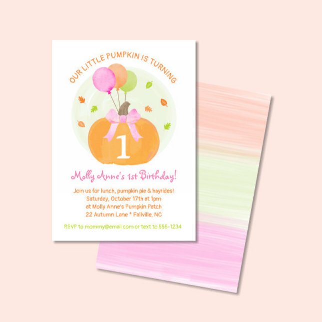 Pumpkin 1st Fall First Birthday Girl Party Inbjudningar (Little Pumpkin with a bow, Balloons & Leaves in watercolor orange, pink and green)