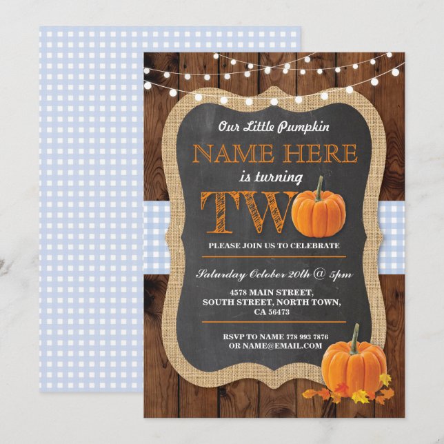 Pumpkin 2:a födelsedagen Party TWO Blue Inbjudan (Fram/baksida)