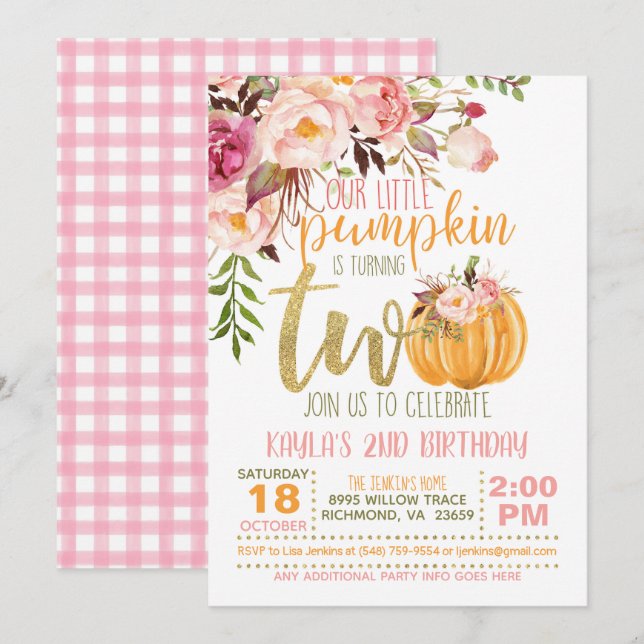 Pumpkin 2:e födelsedagsinbjudan - Blommigt Play Inbjudningar (Fram/baksida)