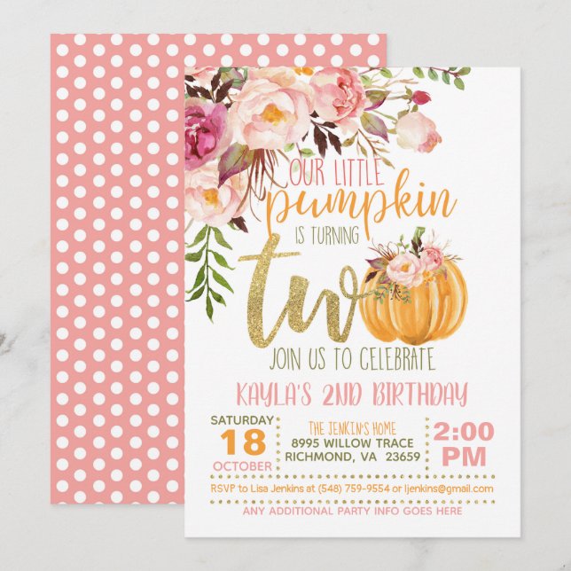 Pumpkin 2:e födelsedagsinbjudan - Blommigtens Rosa Inbjudningar (Fram/baksida)