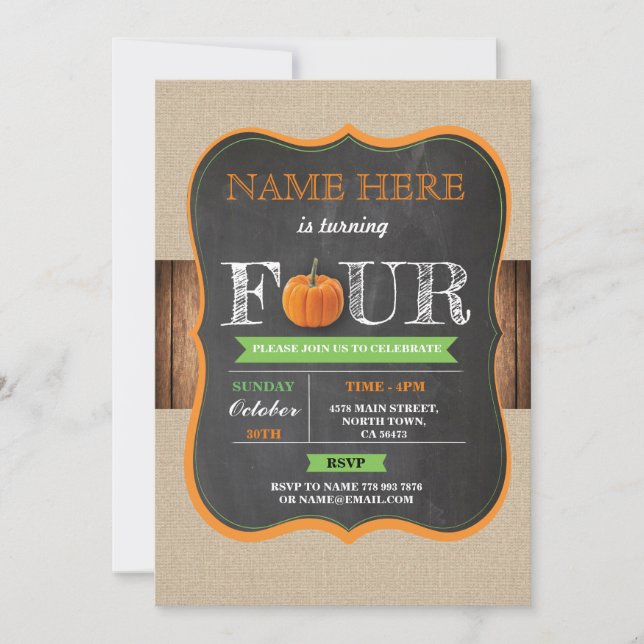 Pumpkin 4:e 4-Födelsedagsfesten Boy Girl Inbjudan (Framsida)