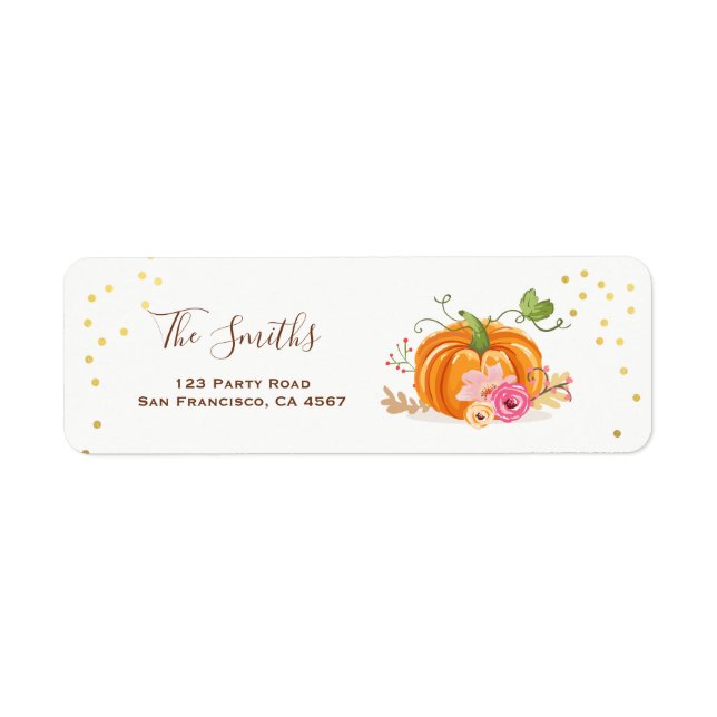 Pumpkin Adressetiketter sjunker hösten Guld Rosa Returadress Etikett (Framsidan)