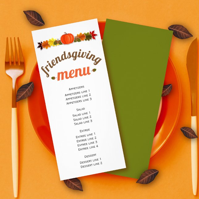 Pumpkin, akorrar och höst löv Friendsgiving-menyn Reklamkort (Skapare uppladdad)