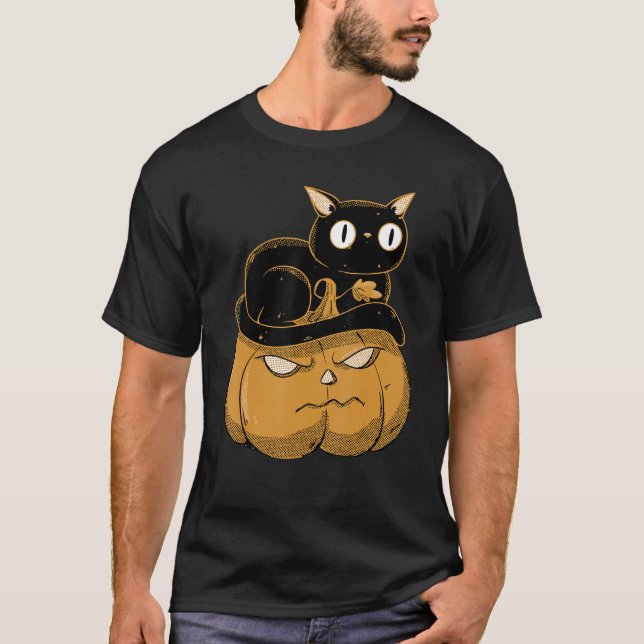 Pumpkin and Black Cat Halloween Kattunge Costume T Shirt (Framsida)