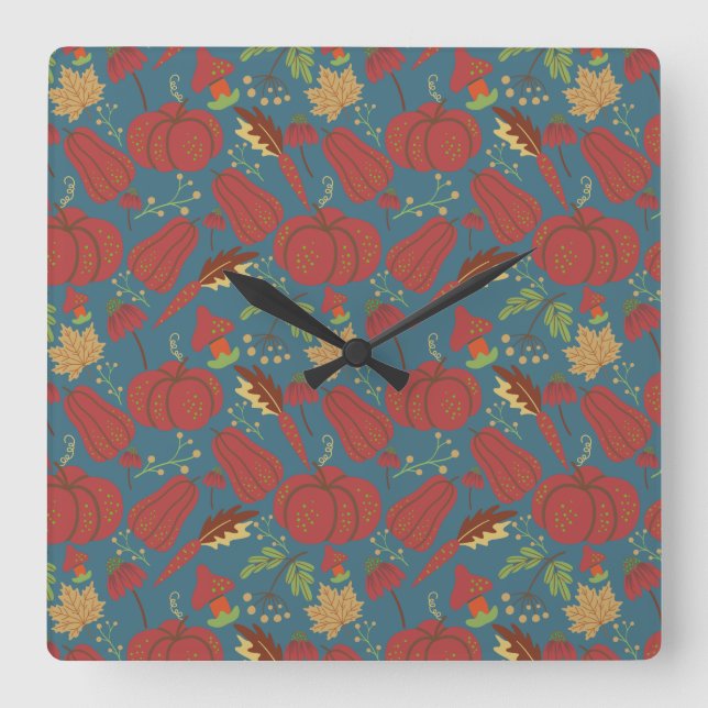 Pumpkin and carrot  seamless pattern red and blue fyrkantig klocka (Framsida)