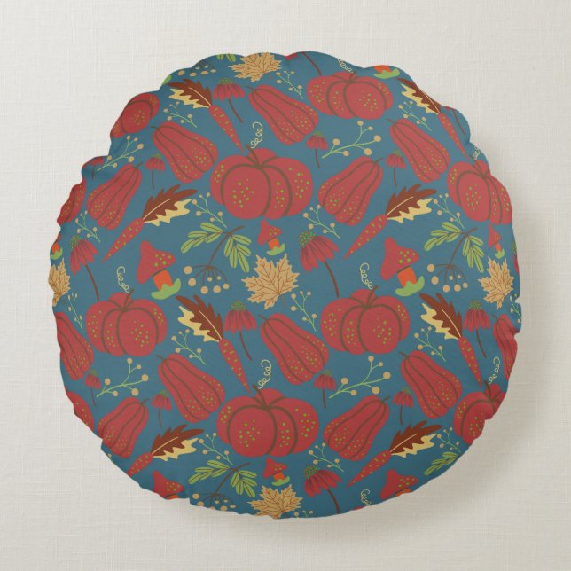 Pumpkin and carrot  seamless pattern red and blue rund kudde (Framsidan)