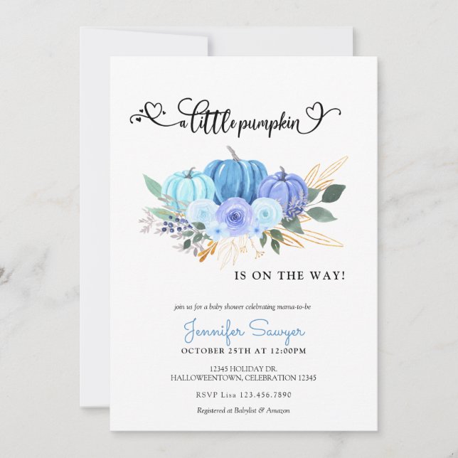 Pumpkin Autumn Blue Boy Shower Inbjudningar (Framsida)