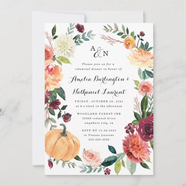 Pumpkin Autumn Chic Blommigt Rustic Rehearsal Dinn Inbjudningar (Framsida)