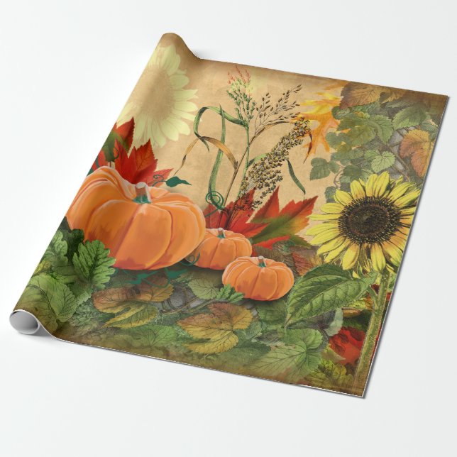 Pumpkin Autumn Fall Sunblomma Presentpapper (Utrullad)