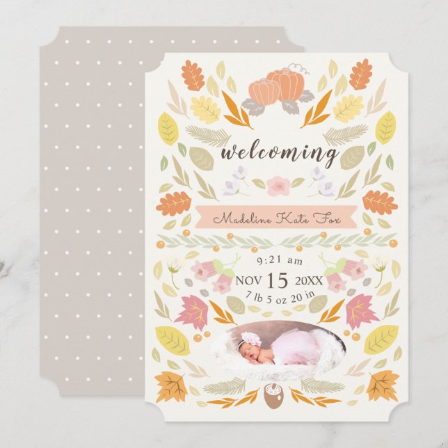 Pumpkin Autumn Foliage Photo Birth-meddelande Inbjudningar (Fram/baksida)