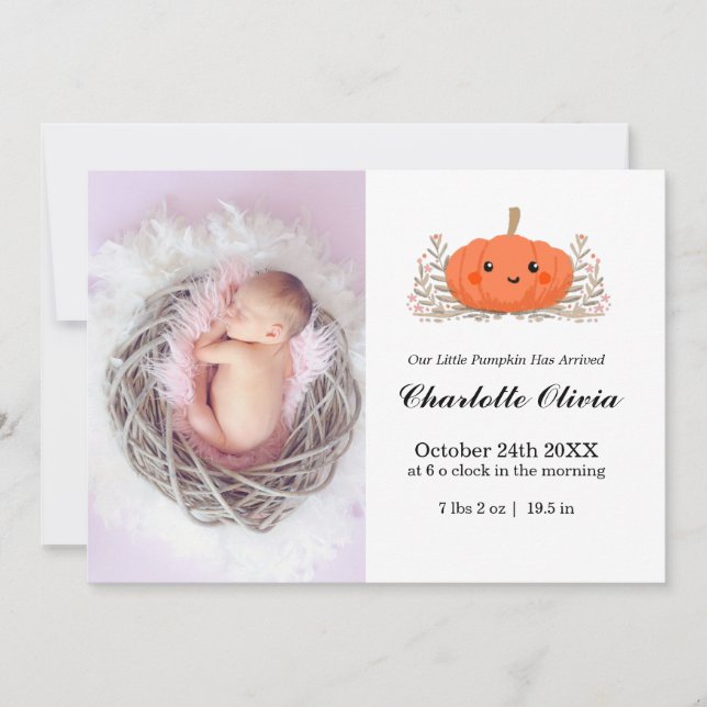 Pumpkin Baby Birth-annons Card Inbjudningar (Framsida)