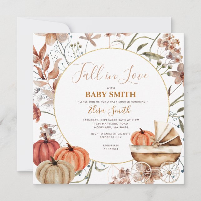 Pumpkin Baby Carriage Fall in kärlek Baby Shower Inbjudningar (Framsida)