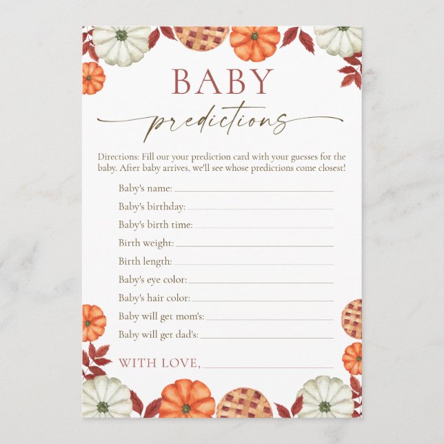 Pumpkin Baby Predictions Baby Shower Game Rådkort (Framsida)