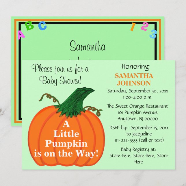 Pumpkin Baby Shower ABC 123-inbjudan Inbjudningar (Fram/baksida)