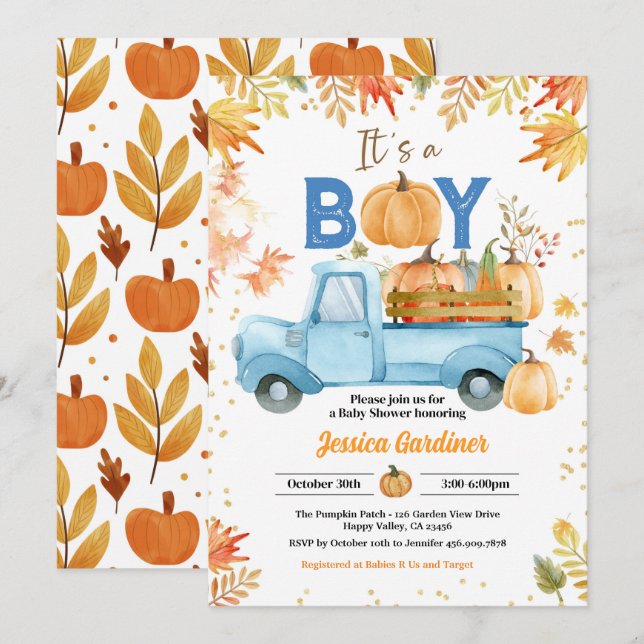 Pumpkin Baby Shower Boy Blue Lastbil Watercolor Inbjudningar (Fram/baksida)