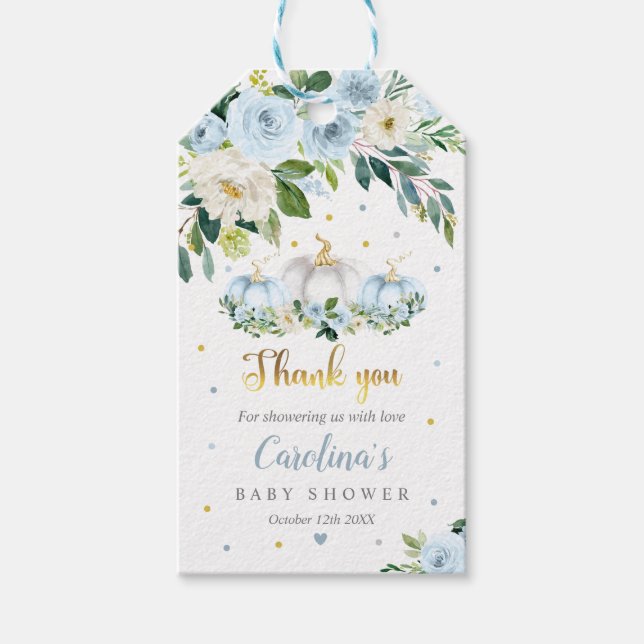 Pumpkin Baby Shower Boy Fall Blue Pumpkin Favor Presentetikett (Framsidan)