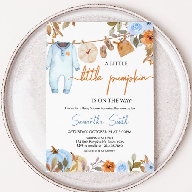 Pumpkin Baby Shower för blå höst-Blommigt Inbjudningar (Blue Autumn Floral Little Pumpkin Clothesline Baby Shower Invitation)