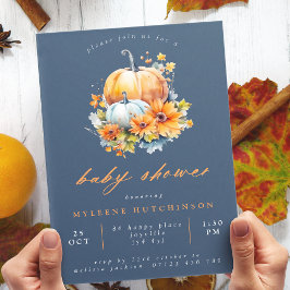 Pumpkin Baby Shower för marin Blommigt och Orange Inbjudningar