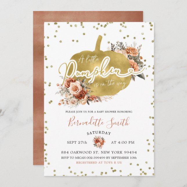 Pumpkin Baby Shower guld och Blommigt Burnt Orange Inbjudningar (Fram/baksida)