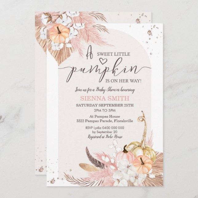 Pumpkin Baby Shower-inbjudan Boho Girl Inbjudningar (Fram/baksida)