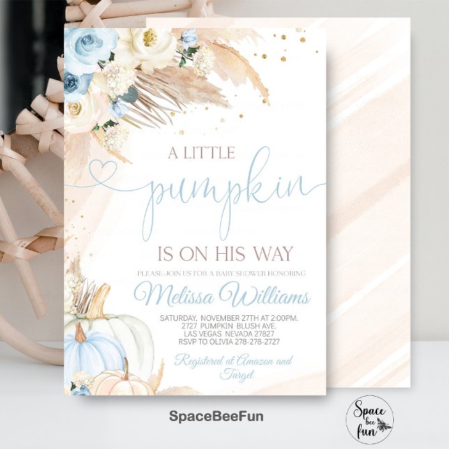 Pumpkin Baby Shower-inbjudan Boy Boho Pampas Inbjudningar (Pumpkin Baby Shower Invitation Girl, Boho Pampas Little Pumpkin Shower Invites, Fall Autumn )