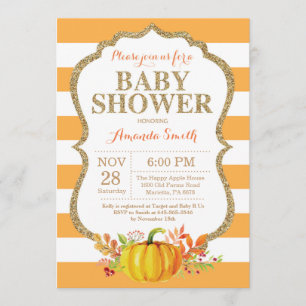 Pumpkin Baby Shower-inbjudan Orange och Guld Inbjudningar