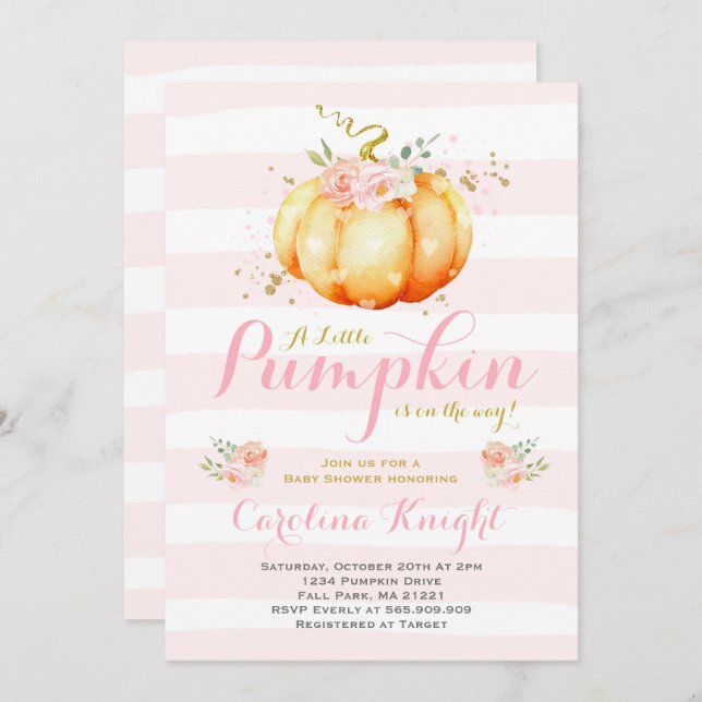 Pumpkin Baby Shower-inbjudan Rosa Guld Pumpkin Inbjudningar (Fram/baksida)