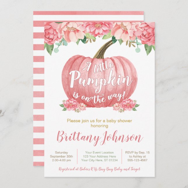 Pumpkin Baby Shower-inbjudan| Rosa Inbjudningar (Fram/baksida)