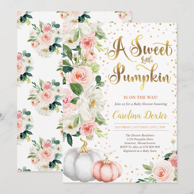 Pumpkin Baby Shower-inbjudan  Rosa och Guld Inbjudningar (Fram/baksida)