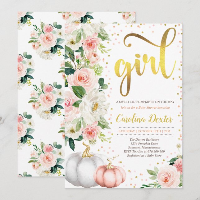 Pumpkin Baby Shower-inbjudan  Rosa och Guld Inbjudningar (Fram/baksida)